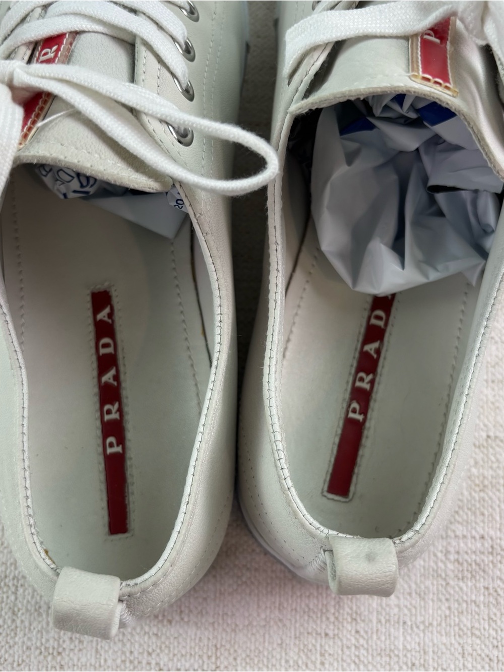 Prada women's size 38.5 White Leather low top Sneakers with Red Stripe Detail - Picture 6 of 16